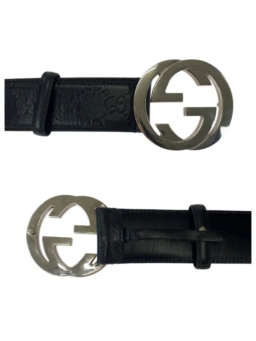 Gucci Guccissima Interlocking 85 Black Silver Leather Belt Buckle